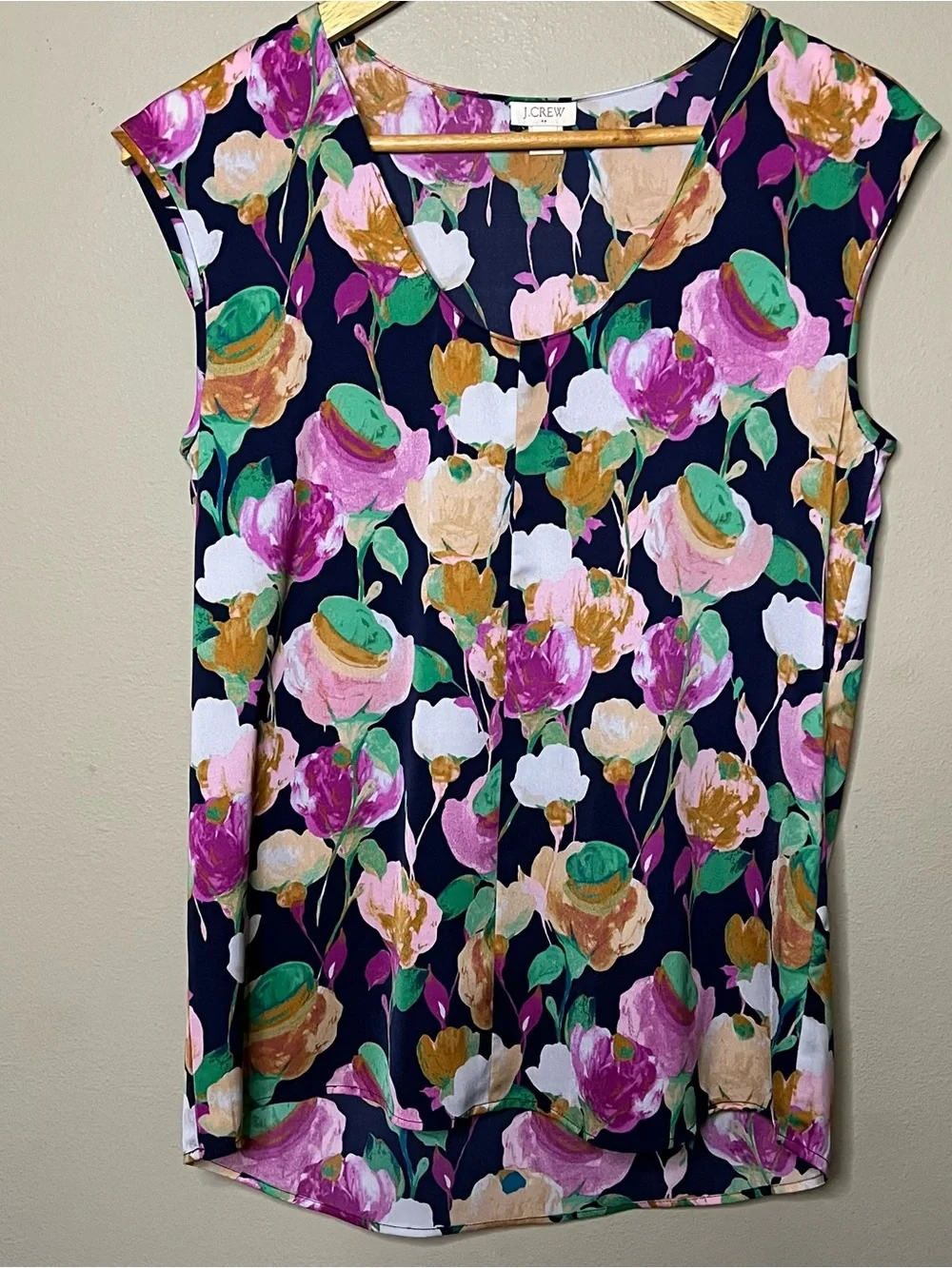J.Crew Factory Floral Blouse Women Size 2 Navy Green Yellow Cap Sleeve